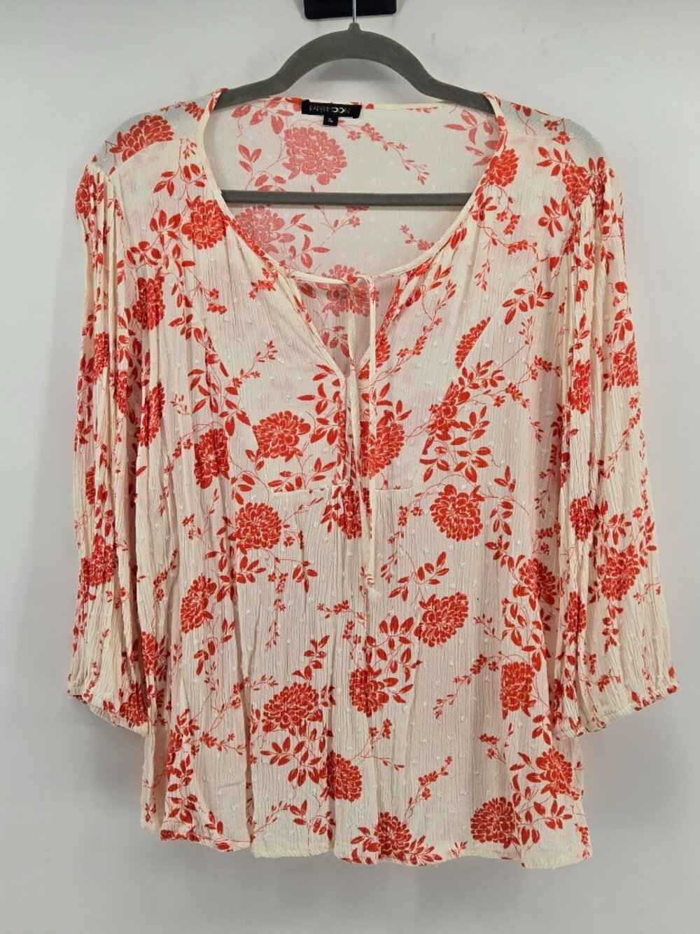 Papermoon Crinkle Textured Floral Peasant Blouse - XL Off White/Coral